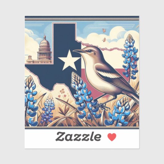 Texas Northern Mockingbird en Bluebonnet Flower Sticker (Vel)