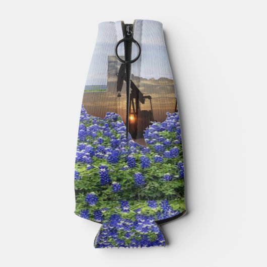 Texas Oil Pump Jack op Sunset on Bluebonnets Flesjeskoeler (Achterkant)