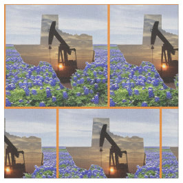 Texas Oil Pump Jack Sunset and Bluebonnets Border Stof