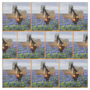 Texas Oil Pump Jack Sunset and Bluebonnets Border Stof