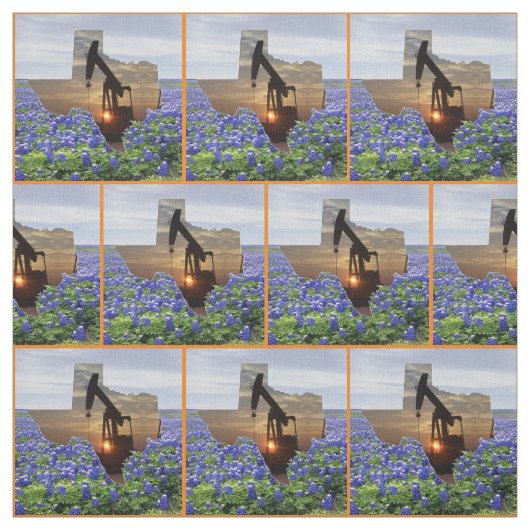 Texas Oil Pump Jack Sunset and Bluebonnets Border Stof (Swatch)