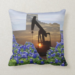 Texas Oil Pump Jack Sunset and Bluebonnets Kussen