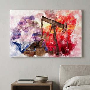 Texas Oliepomp Aquarel met Texas Vlag Kunst Canvas Afdruk