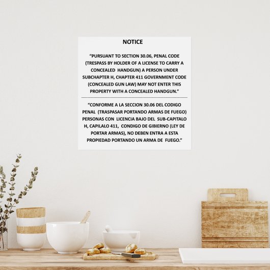 Texas Pistool Law - Basic White - Verzegelde carry Poster (Keuken)