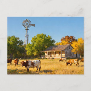 Texas Ranch House en Longhorns in de herfst Briefkaart