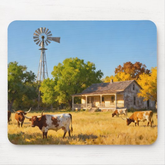 Texas Ranch House in de herfst met Longhorns Muismat (Voorkant)