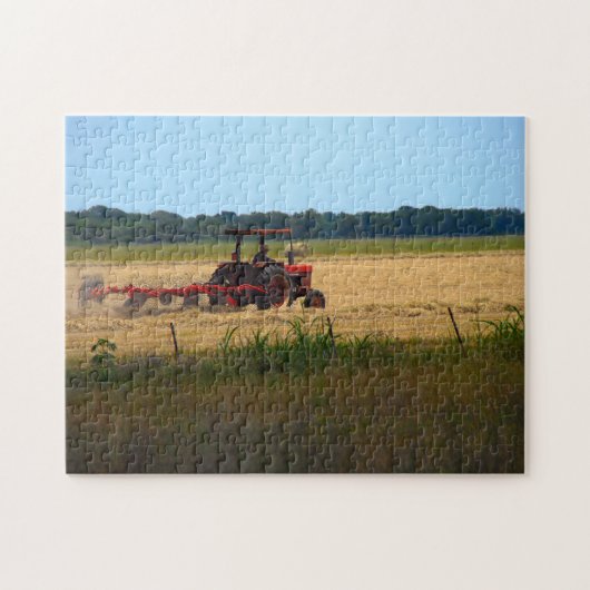 Texas rancher op rode tractor oogst hooi legpuzzel (Horizontaal)