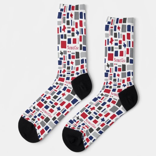 Texas Red & Blue Wonky Squares & Rectangles Socks Sokken (Links)