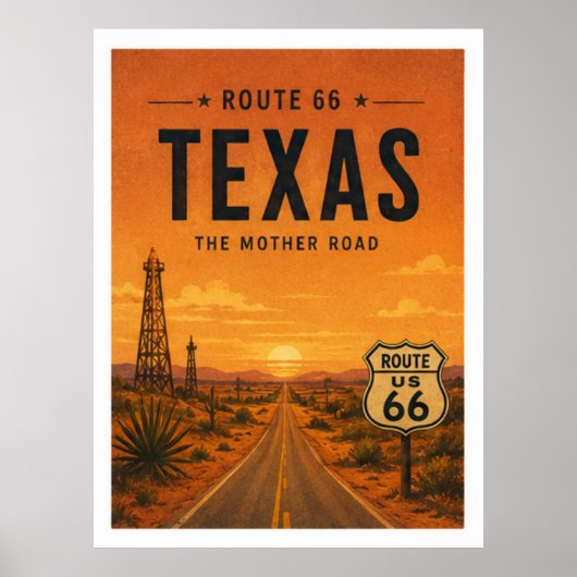 Texas Route 66 Sunset Highway Vintage Kunst Poster (Voorkant)