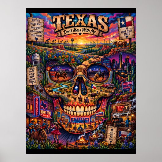 Texas Schedel Art Print | Staat van Mind (Voorkant)