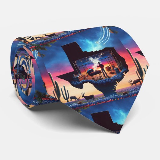 Texas Shape BBQ Pit Cowboy Herten Sunset Stropdas (Opgerold)