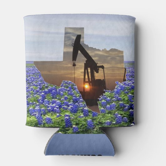 Texas Shape Oil Pump Jack bij Sunset Bluebonnets Blikjeskoeler (Achterkant)