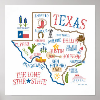 Texas State Landmarks Illustration Poster