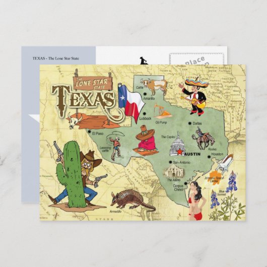 Texas State Map Briefkaart (Voorkant / Achterkant)