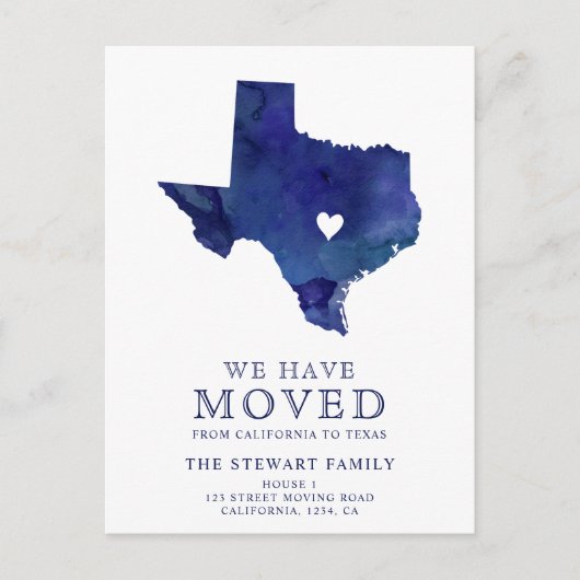 Texas State map navy blue waterverf home Aankondigingskaart (Voorkant)