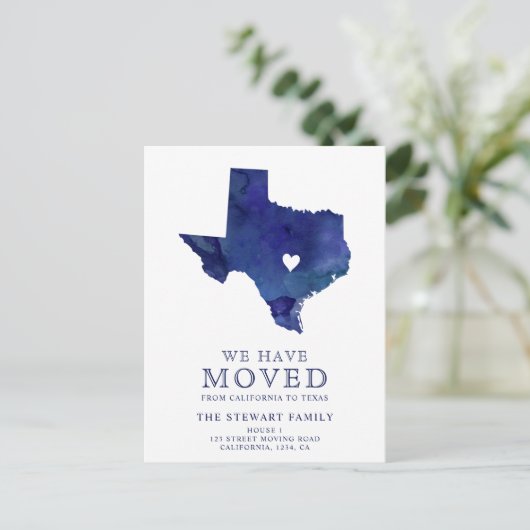 Texas State map navy blue waterverf home Aankondigingskaart (Staand voorkant)