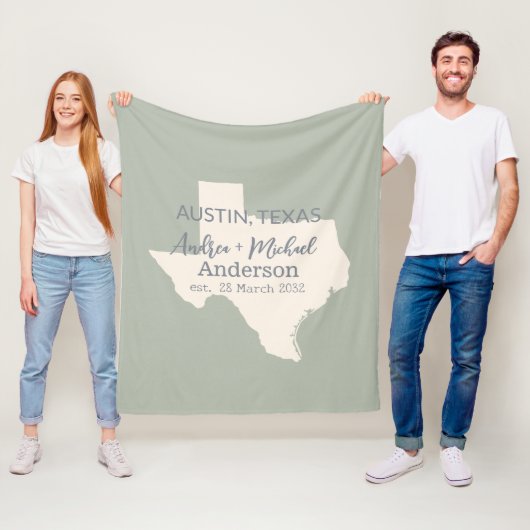 Texas State Map Paar Naam en datum bruiloft Fleece Deken (In situ)