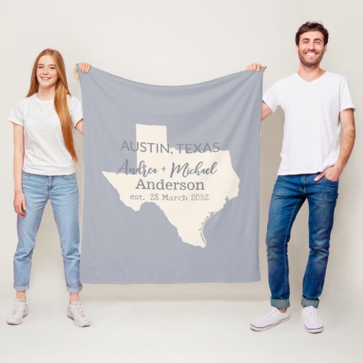 Texas State Map Paar Naam en datum bruiloft Fleece Deken (In situ)