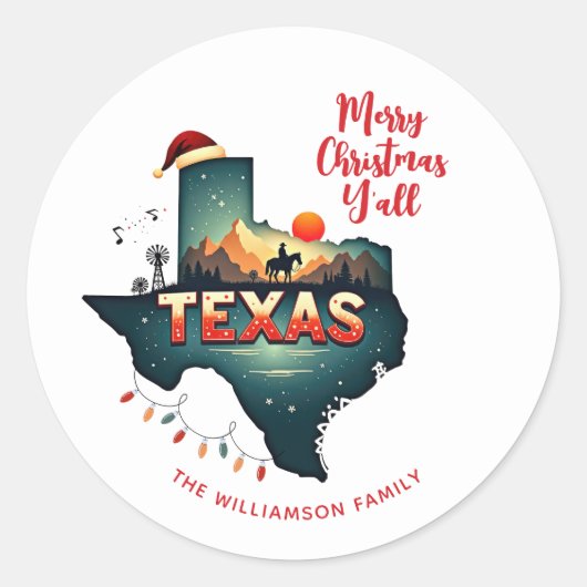 Texas State Merry Christmas Y'all Aangepaste tekst Ronde Sticker (Voorkant)