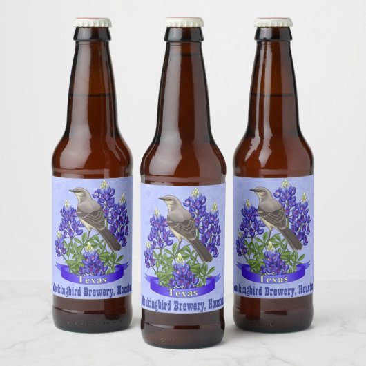 Texas State Mockingbird & Bluebonnet Flower Bier Etiket (Flessen)