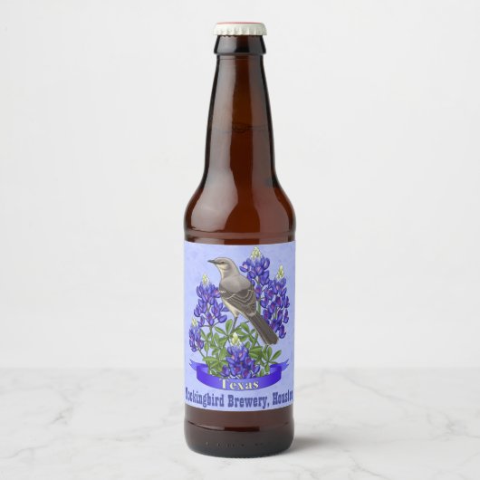 Texas State Mockingbird & Bluebonnet Flower Bier Etiket (Voorkant)