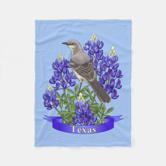 Texas State Mockingbird & Bluebonnet Flower Fleece Deken (Voorkant)