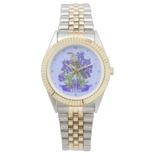Texas State Mockingbird & Bluebonnet Flower Horloge