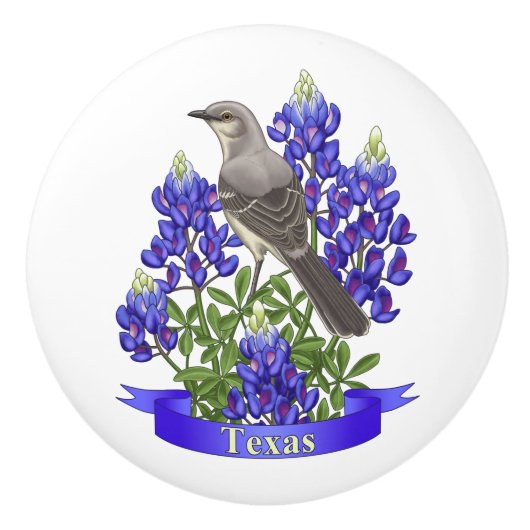 Texas State Mockingbird & Bluebonnet Flower Keramische Knop (Voorkant)