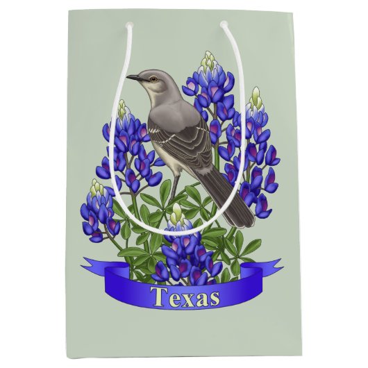 Texas State Mockingbird & Bluebonnet Flower Medium Cadeauzakje (Voorkant)