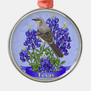 Texas State Mockingbird & Bluebonnet Flower Metalen Ornament