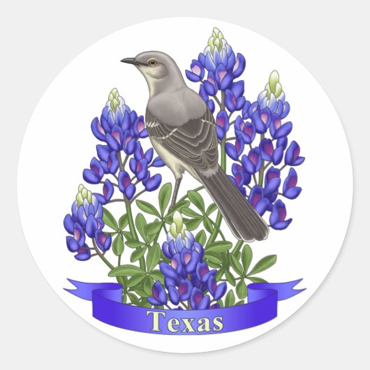 Texas State Mockingbird & Bluebonnet Flower Ronde Sticker (Voorkant)