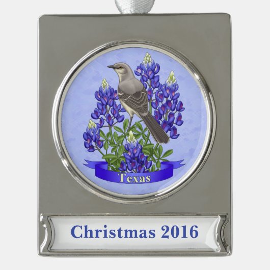 Texas State Mockingbird & Bluebonnet Flower Verzilverd Banner Ornament (Voorkant)