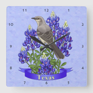 Texas State Mockingbird & Bluebonnet Flower Vierkante Klok
