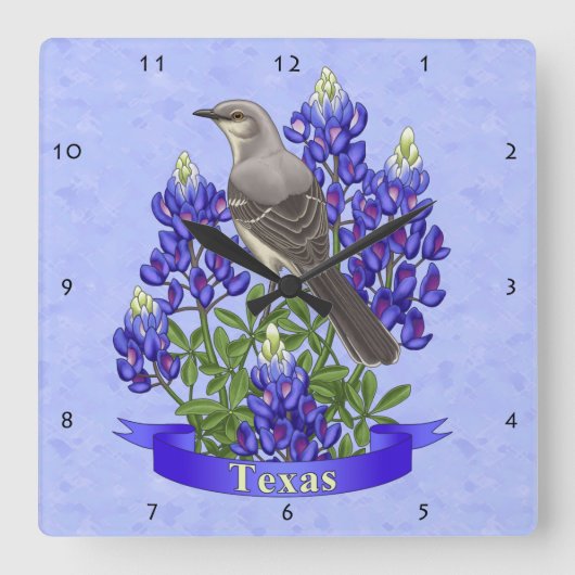 Texas State Mockingbird & Bluebonnet Flower Vierkante Klok (Voorkant)