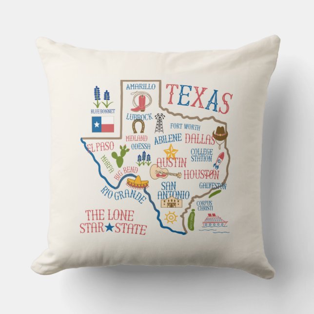 Texas State oriëntatiepunten Illustratie Kussen -  (Voorkant)