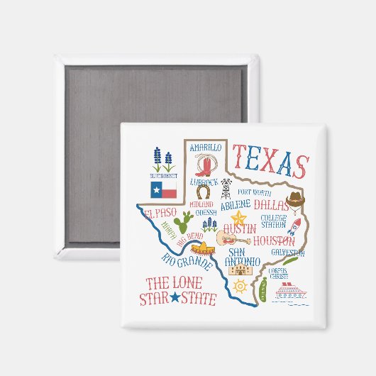 Texas State oriëntatiepunten Illustratie Magnet (Voorkant / Achterkant)