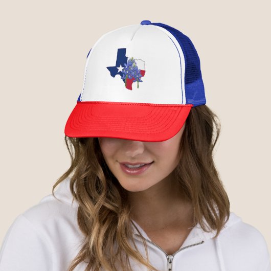 Texas State Shape Flag and Bluebonnets Trucker Hat Pet (In situ)
