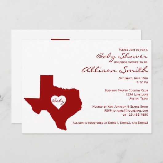 Texas ThMED Red White Baby Shower-uitnodigingen Kaart (Voorkant / Achterkant)
