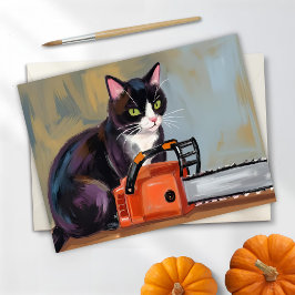 Texas Tuxedo Kat Kettingzaag Slachting Grappig Hal Feestdagenkaart