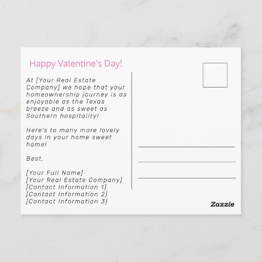 Texas Valentijnsdag Realtor Marketing Briefkaart (Achterkant)