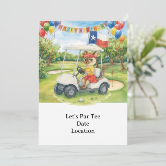Texas Verjaardag Thema voor GOLFER Cat Lovers Kaart (Staand voorkant)
