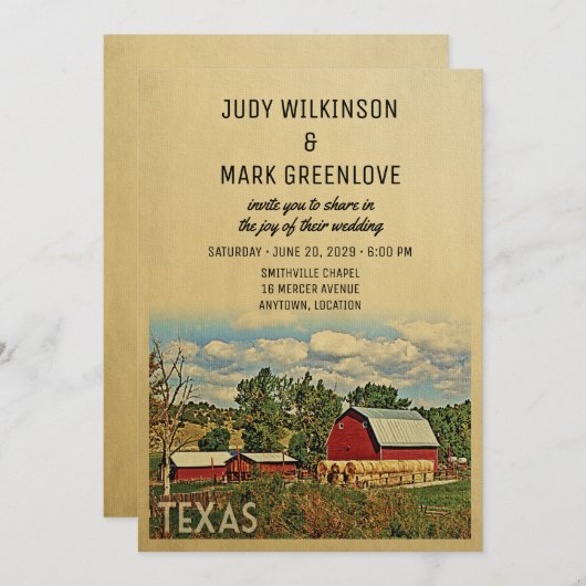 Texas Wedding Invitation Boerderij Barn Rustic Kaart (Voorkant / Achterkant)