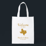 Texas Wedding Welcome Bag voor Hotel Guests, Gold Boodschappentas<br><div class="desc">Een huwelijksweekendwelkomsttas voor gasten buiten de stad voor je bruiloft,  met afbeelding van Texas,  met hart dat je op de precieze locatie kunt plaatsen. Vul tas met je favoriete godies.</div>