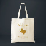 Texas Wedding Welcome Bag voor Hotel Guests, Gold Tote Bag<br><div class="desc">Een huwelijksweekendwelkomsttas voor gasten buiten de stad voor je bruiloft,  met afbeelding van Texas,  met hart dat je op de precieze locatie kunt plaatsen. Vul tas met je favoriete godies.</div>