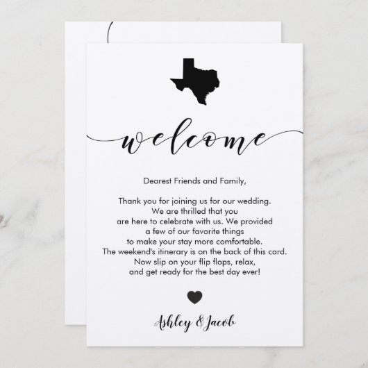 Texas Wedding Welcome Letter & Route Kaart (Voorkant / Achterkant)
