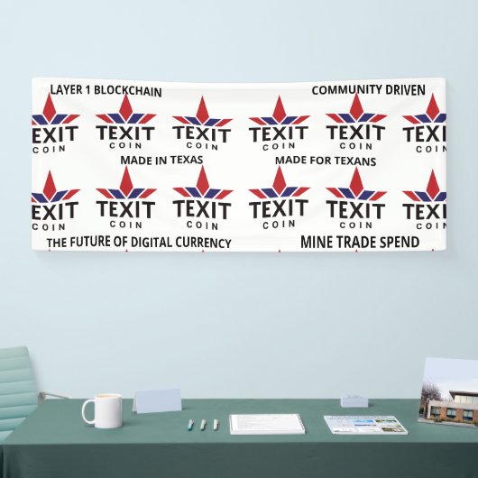 Texit Coin Officiële Logo Getiteld op Wit Spandoek (Beurs)