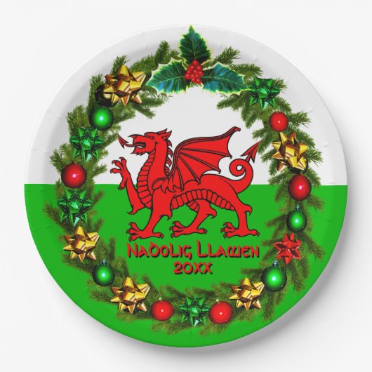 Text Year Welsh Flag Red Dragon, Kerstmis 9" bewer Papieren Bordje (Voorkant)