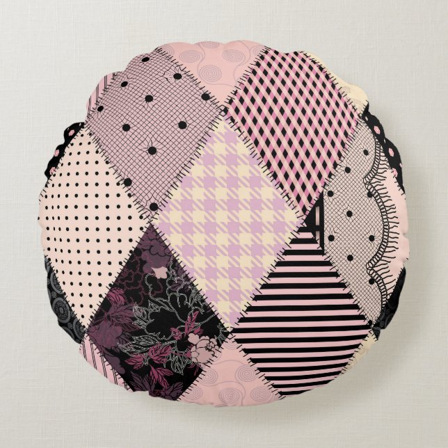 Textiellingerie: Patchwork  Patroon Rond Kussen (Voorkant)