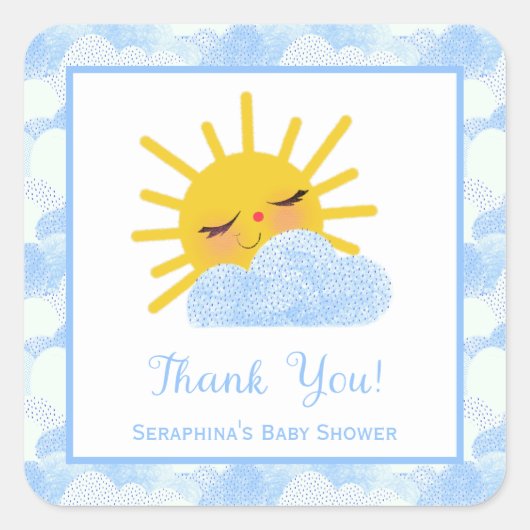 Textured Blue Clouds & Sun Baby shower Hartelijk d Vierkante Sticker (Voorkant)