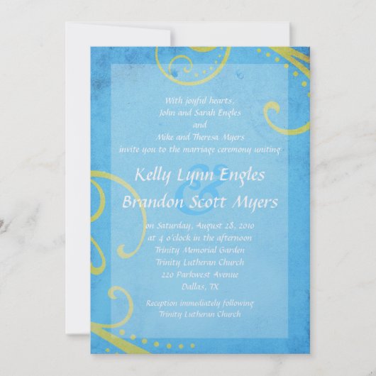 Textured Blue met Green Swirls Wedding Invitation Kaart (Voorkant)